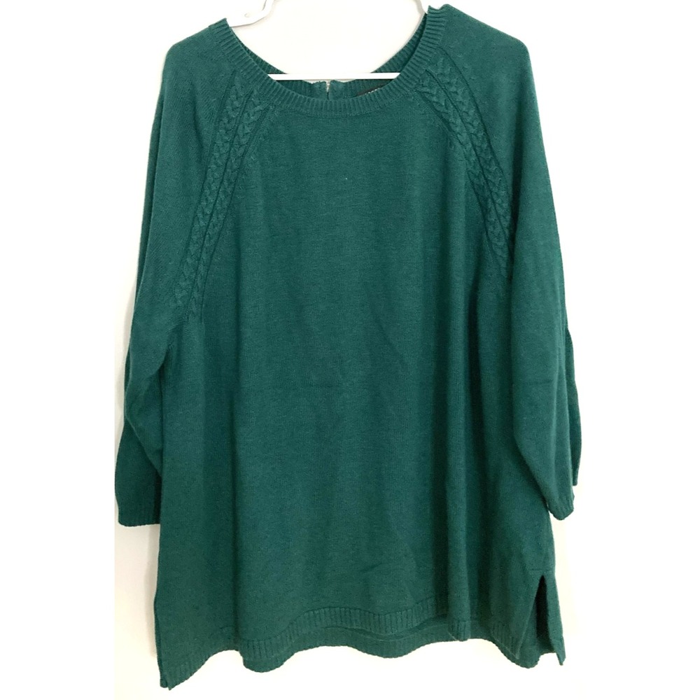 Talbots Sweater Women 3X Green Raglan Cable Knit Pullover 3/4 Sleeve Zip Back